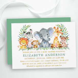 Waterverf Safari Animals Baby shower Green Gold Kaart