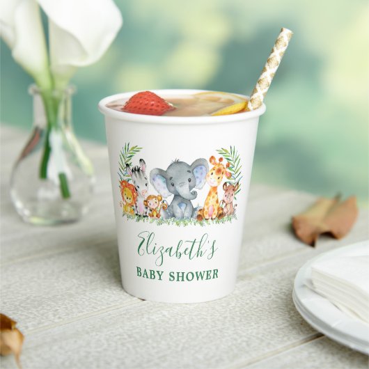 Waterverf Safari Animals Baby shower Green Papieren Bekers (Insitu)