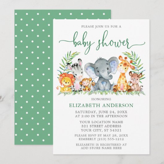 Waterverf Safari Animals Baby shower Green Script Kaart (Voorkant / Achterkant)