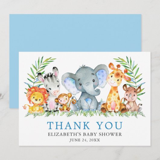 Waterverf Safari Animals Baby shower Light Blue Bedankkaart (Voorkant / Achterkant)