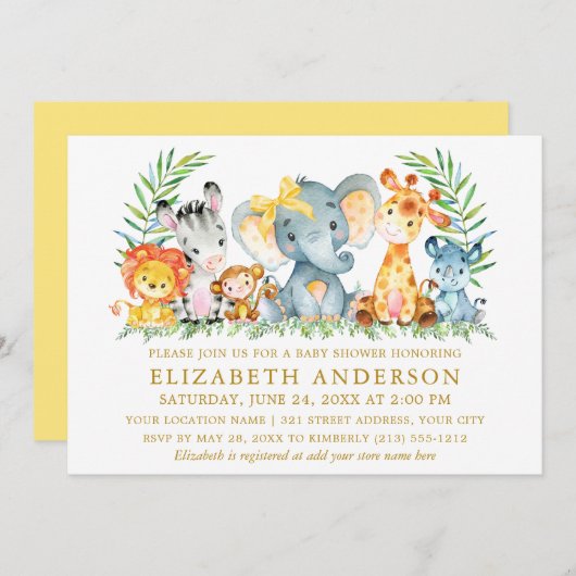 Waterverf Safari Animals Baby shower Yellow Bow Kaart (Voorkant / Achterkant)