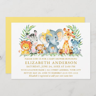 Waterverf Safari Animals Baby shower Yellow Bow Kaart