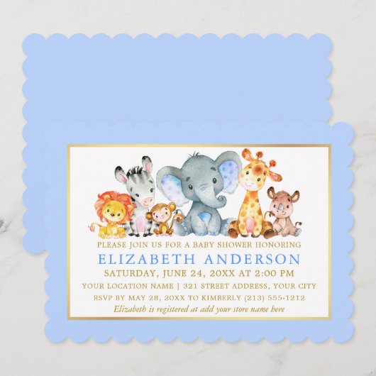Waterverf Safari Animals Blue Gold Baby shower Kaart (Voorkant / Achterkant)
