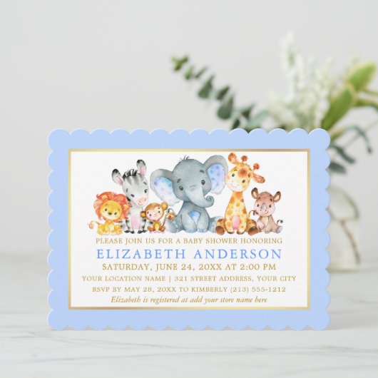 Waterverf Safari Animals Blue Gold Baby shower Kaart (Staand voorkant)