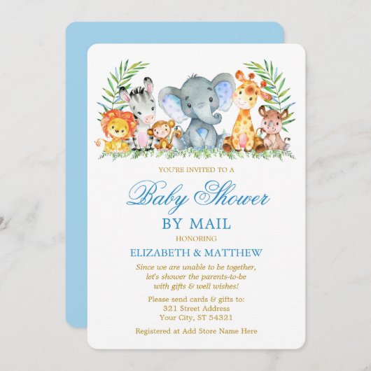 Waterverf Safari Animals Blue Gold Shower per mail Kaart (Voorkant / Achterkant)