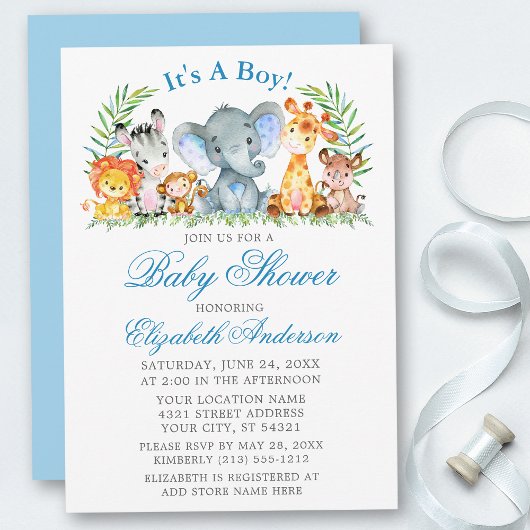 Waterverf Safari Animals Blue Script Baby shower Kaart