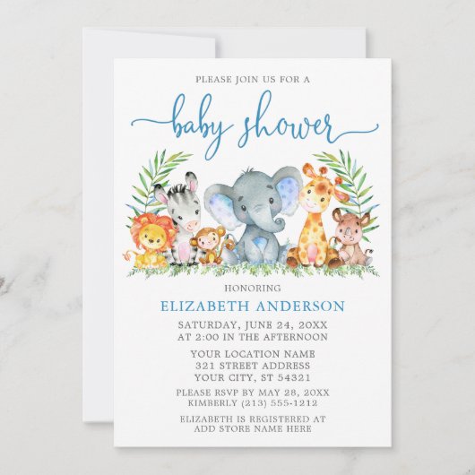 Waterverf Safari Animals Blue Script Baby shower Kaart (Voorkant)