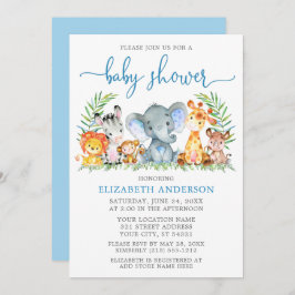 Waterverf Safari Animals Blue Script Baby shower Kaart