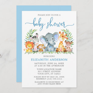 Waterverf Safari Animals Blue Script Baby shower Kaart