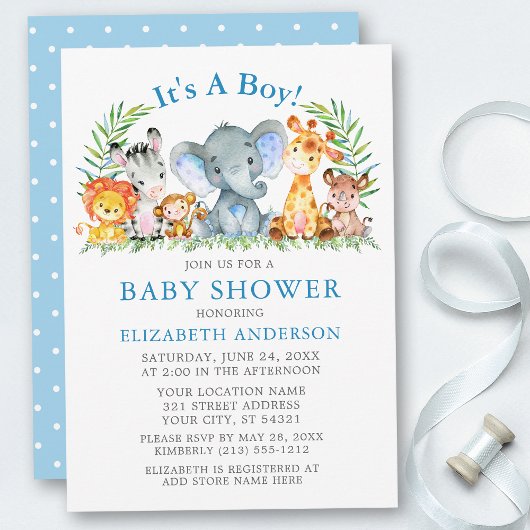 Waterverf Safari Animals Blue Stippen Baby shower Kaart