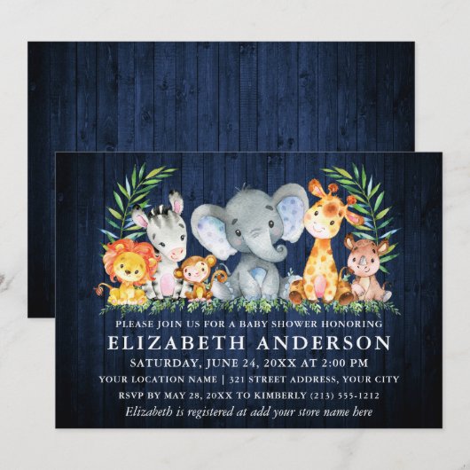 Waterverf Safari Animals Blue Wood Baby shower Kaart (Voorkant / Achterkant)