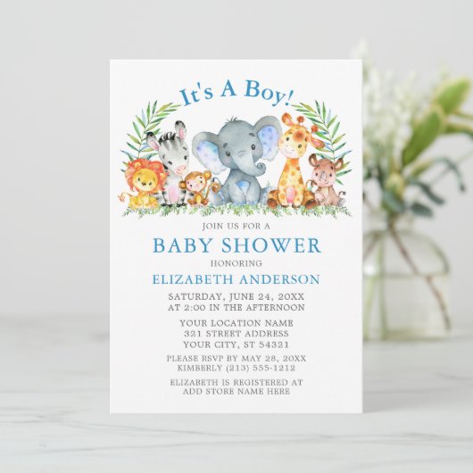 Waterverf Safari Animals Boy Blue Baby shower Kaart (Staand voorkant)