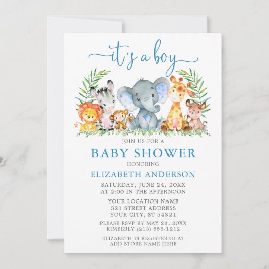 Waterverf Safari Animals Boy Blue Script Shower Kaart (Voorkant)