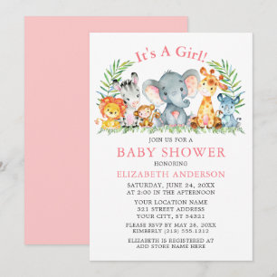 Waterverf Safari Animals Girl Pink Baby shower Kaart