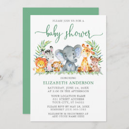 Waterverf Safari Animals Green Script Baby shower Kaart