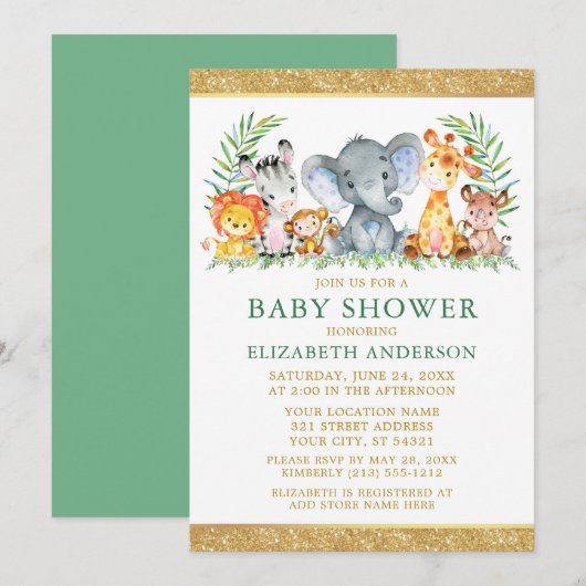 Waterverf Safari Animals laat glitter Green zien Kaart (Voorkant / Achterkant)