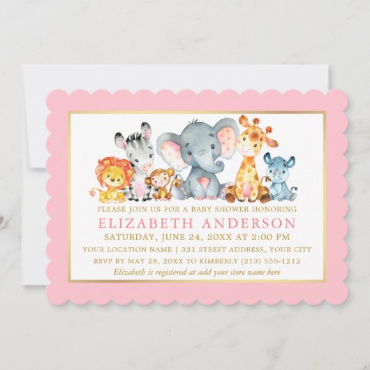 Waterverf Safari Animals Pink Gold Baby shower Kaart (Voorkant)