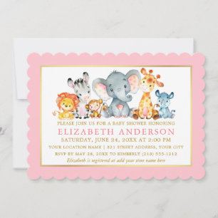 Waterverf Safari Animals Pink Gold Baby shower Kaart