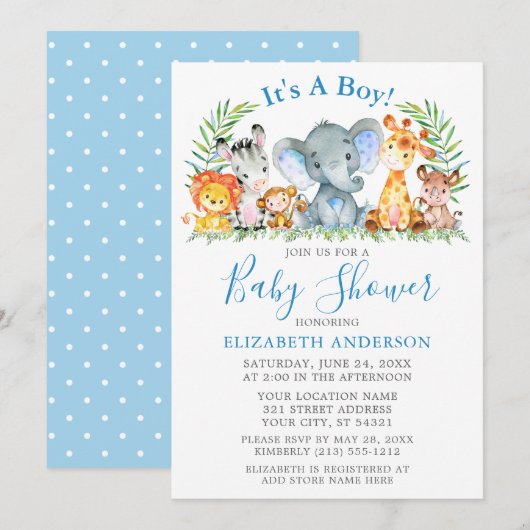 Waterverf Safari Animals Polka Dots Blue Shower Kaart (Voorkant / Achterkant)