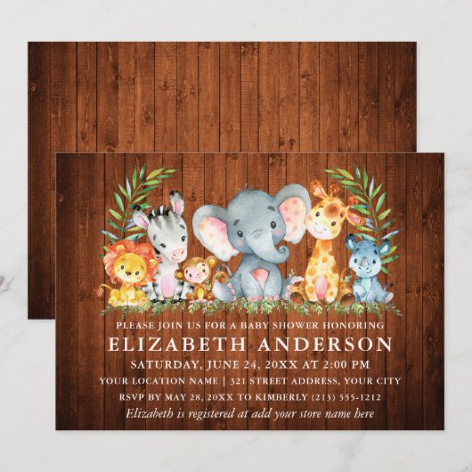 Waterverf Safari Animals Wood Girl Baby shower Kaart (Voorkant / Achterkant)