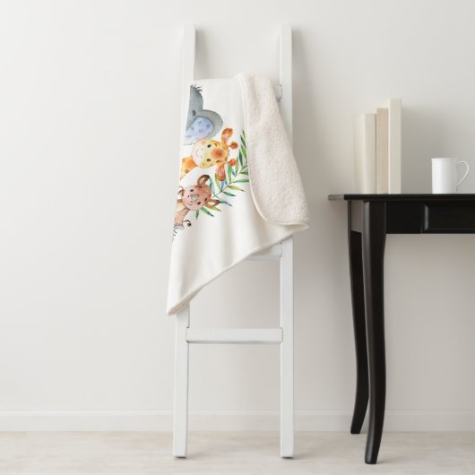 Waterverf Safari Baby Dieren Blauwe Olifant Sherpa Deken (In situ)