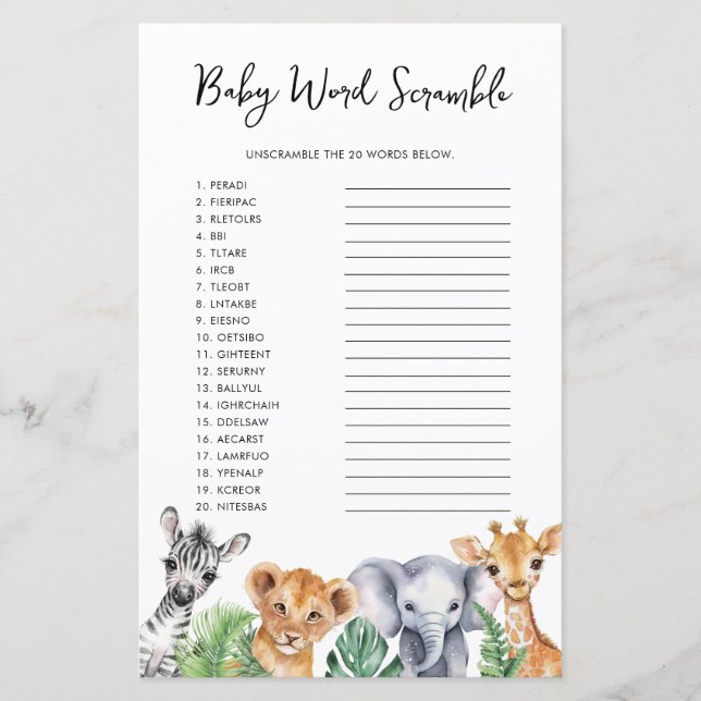 Waterverf Safari Baby shower Baby Word Scramble (Voorkant)