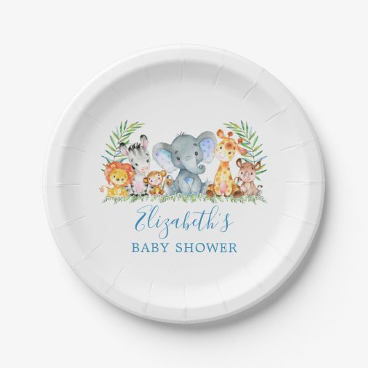 Waterverf Safari Baby shower Blauw klein Papieren Bordje (Voorkant)