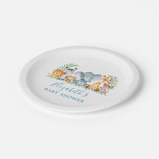 Waterverf Safari Baby shower Blauw klein Papieren Bordje (Gekanteld)