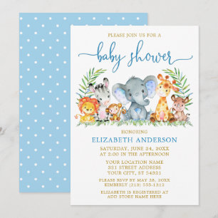 Waterverf Safari Dieren Baby Borrel Blauwe Script  Kaart