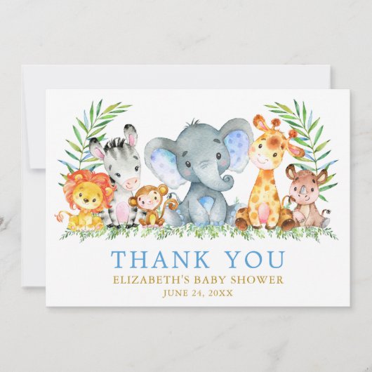 Waterverf Safari Dieren Baby shower Blue Gold Bedankkaart (Voorkant)