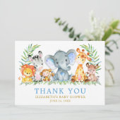 Waterverf Safari Dieren Baby shower Blue Gold Bedankkaart (Staand voorkant)
