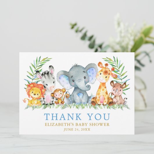 Waterverf Safari Dieren Baby shower Blue Gold Bedankkaart (Staand voorkant)