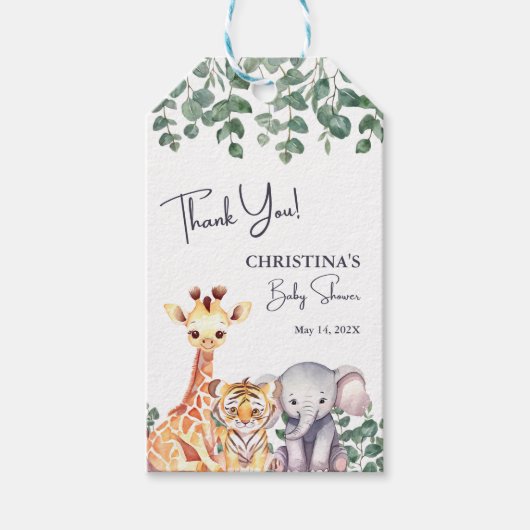 Waterverf Safari Dieren Baby shower Dank u Cadeaulabel (Voorkant)