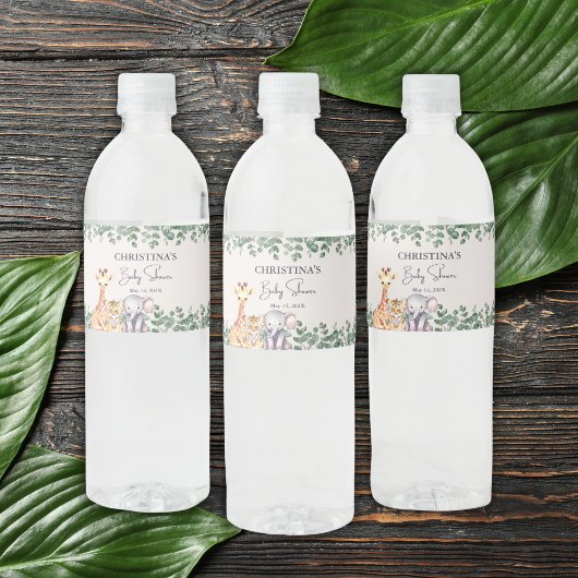 Waterverf Safari Dieren Baby shower Dank u Waterfles Etiket