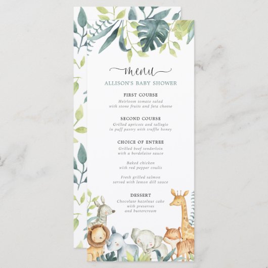 Waterverf Safari Dieren baby shower menu (Voorkant / Achterkant)
