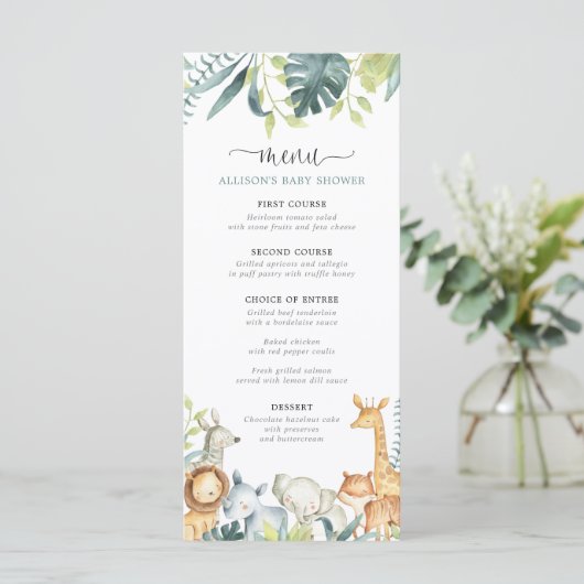 Waterverf Safari Dieren baby shower menu (Staand voorkant)