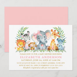 Waterverf Safari Dieren Baby shower Roze Bow Kaart