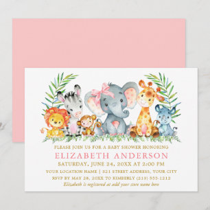 Waterverf Safari Dieren Baby shower Roze Bow Kaart