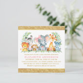 Waterverf Safari Dieren Baby shower Roze Bow Sq Kaart (Staand voorkant)