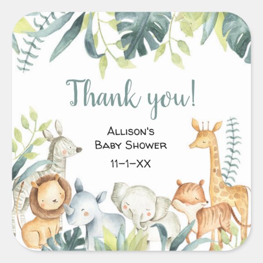Waterverf Safari Dieren baby shower Vierkante Sticker (Voorkant)