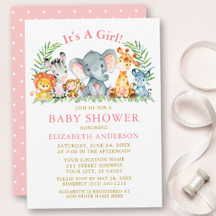 Waterverf Safari Dieren Goud Roze Baby shower Kaart
