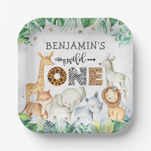 Waterverf Safari Dieren op een dag Papieren Bordje (Voorkant)