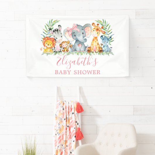 Waterverf Safari Dieren Roze Bow Baby shower Spandoek (Insitu)