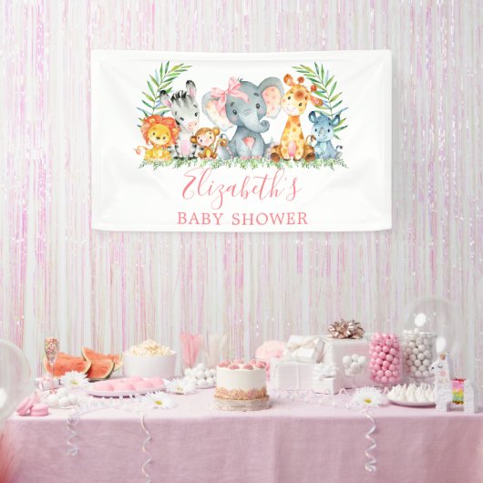 Waterverf Safari Dieren Roze Bow Baby shower Spandoek (Feest)