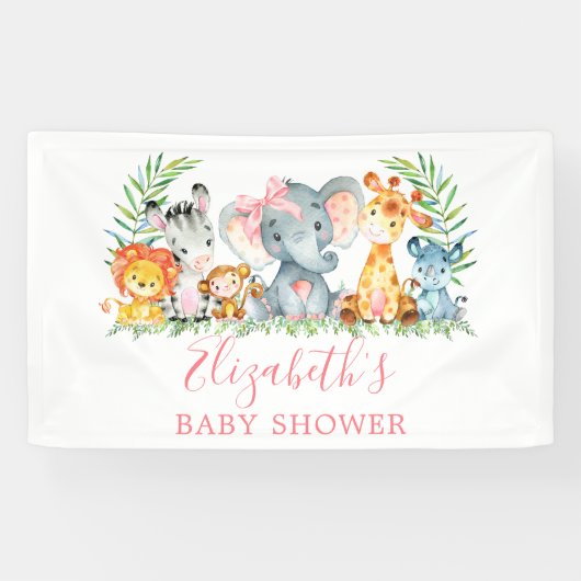Waterverf Safari Dieren Roze Bow Baby shower Spandoek (Horizontaal)