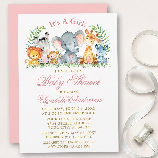 Waterverf Safari Dieren Roze Script Baby shower Kaart