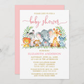 Waterverf Safari Dieren Roze Script Shower Gold Kaart (Voorkant / Achterkant)