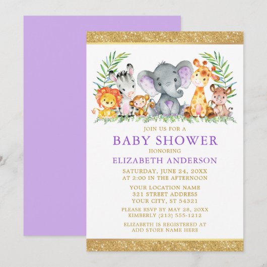 Waterverf Safari Dieren schoten Violet Glitter Kaart (Voorkant / Achterkant)