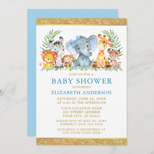 Waterverf Safari Dieren tonen de Glitter Blue Bow Kaart (Voorkant / Achterkant)