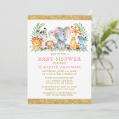 Waterverf Safari Dieren tonen roze Bow Glitter Kaart (Staand voorkant)